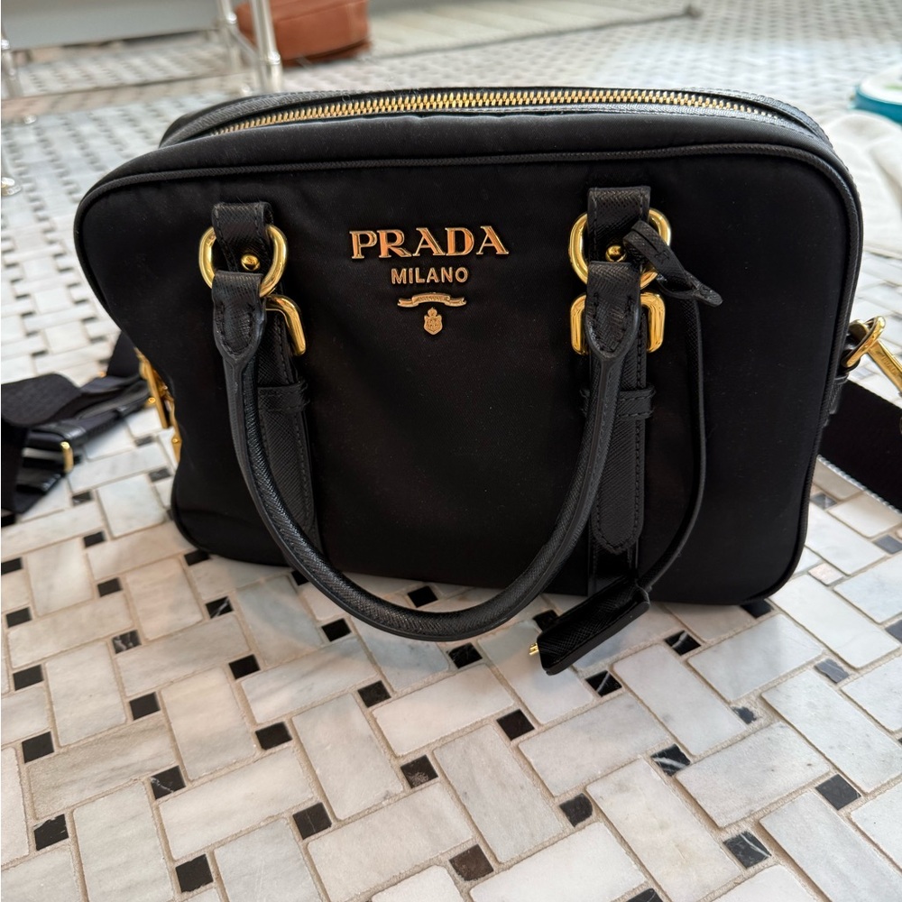 Prada Black Nylon Messenger Bag with Gold Hardware